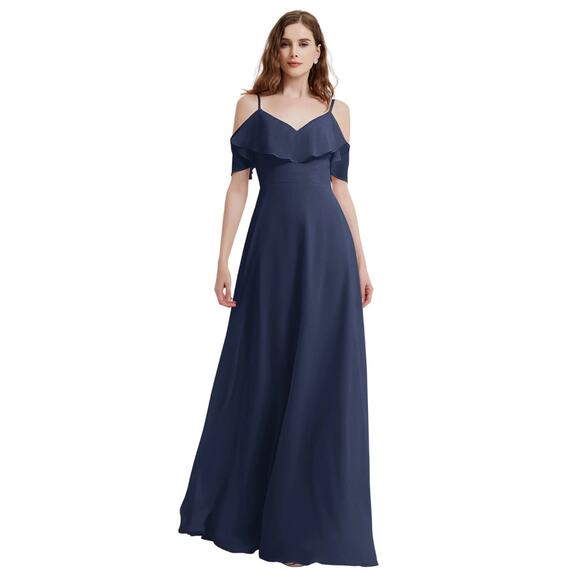 Bill Levkoff Chiffon V-front Bridesmaid Dress Full Length Gown Navy Blue 12 - Picture 1 of 5